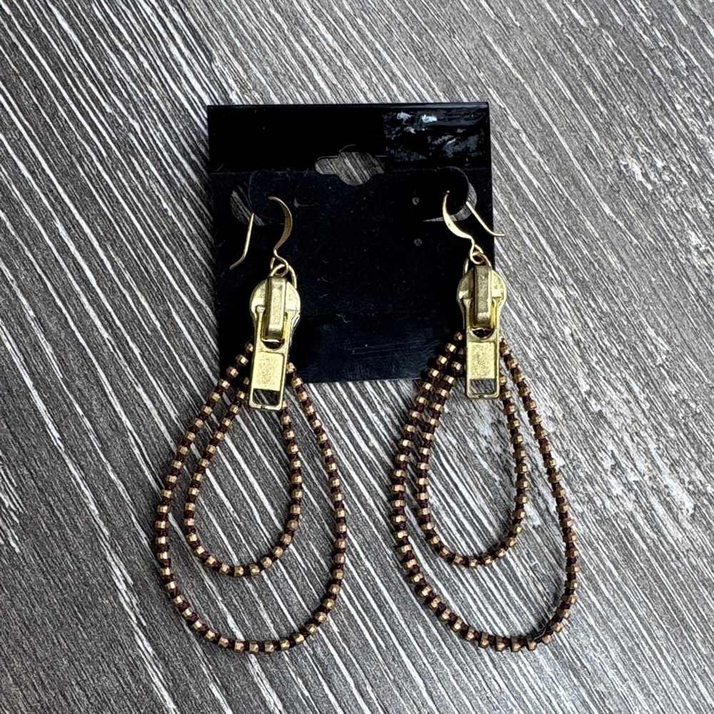 Vintage Gold and Brown Zipper Loop Earrings